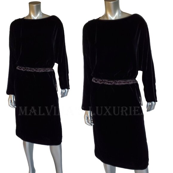GUCCI DRESS VELVET DRAWSTRING MIDI BLACK LONG SLEEVE sz IT 44 US 8 - Picture 4 of 12